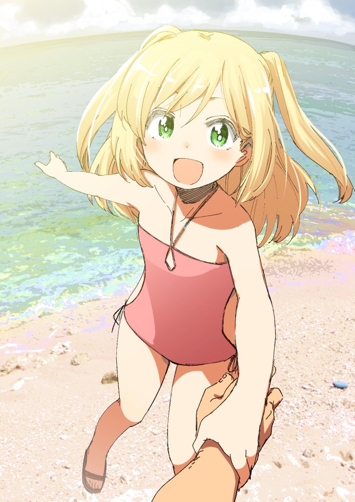 1girl, :d, bare_arms, bare_shoulders, beach, blonde_hair, blush, bright_pupils