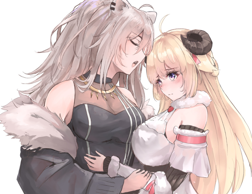 2girls, ahoge, animal_ears, armlet, black_sleeves, blush, breasts, closed_eyes