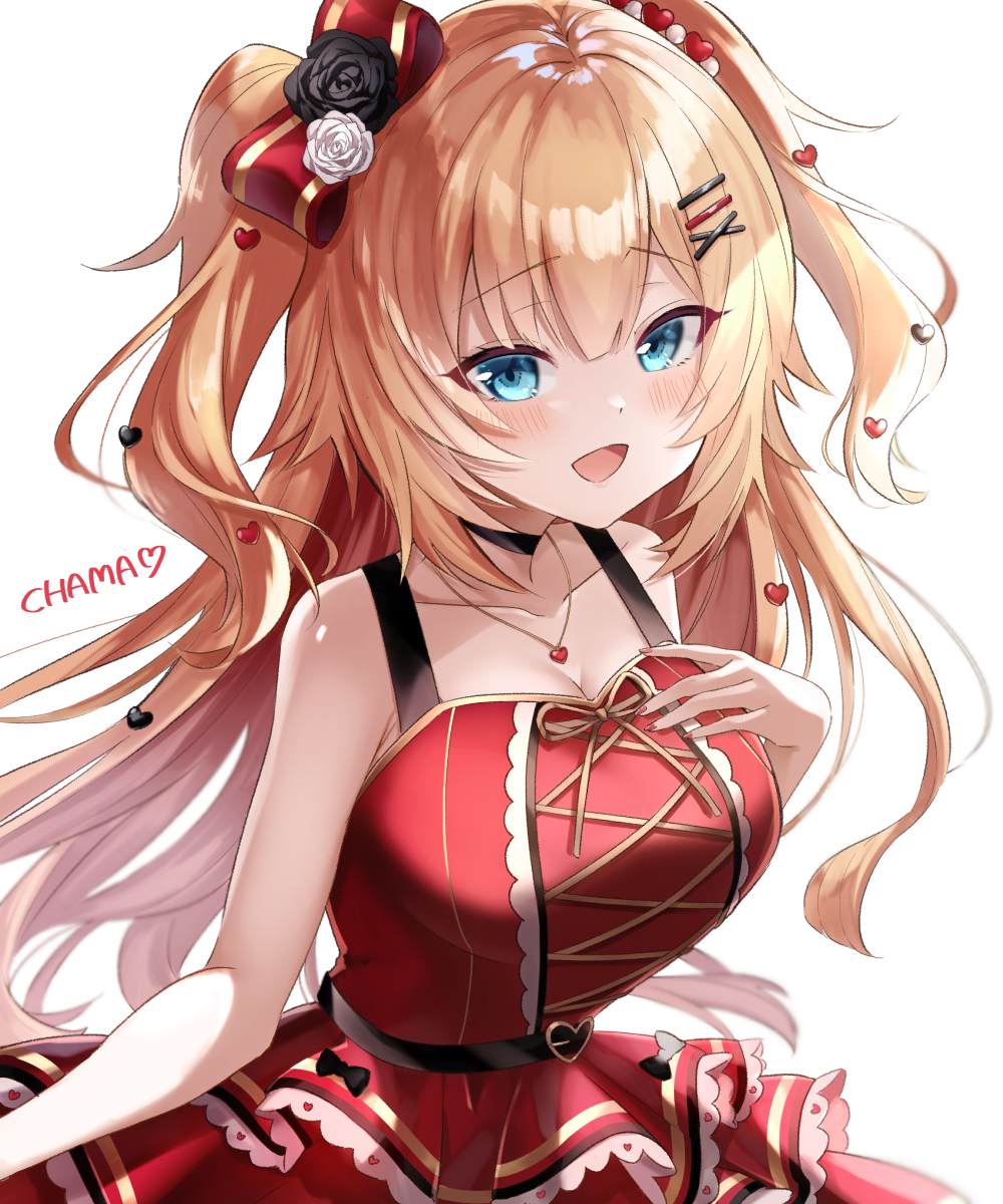 1girl, akai_haato, aqua_eyes, beads, belt, black_belt, black_choker, blonde_hair