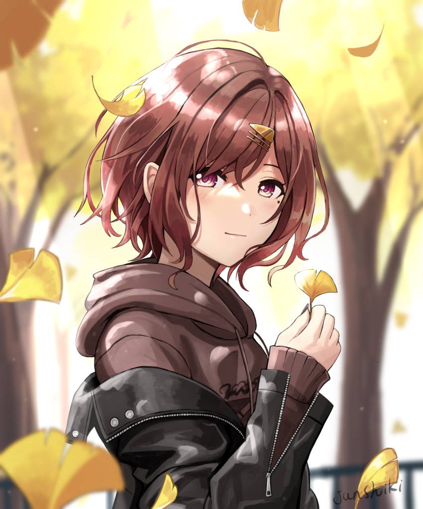 1girl, autumn_leaves, blurry, blurry_background, brown_eyes, brown_hair, commentary_request, ginkgo_leaf