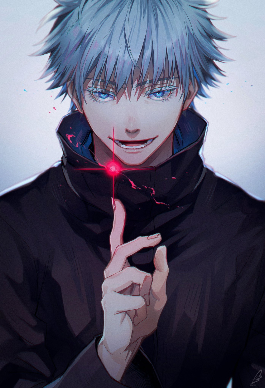 1boy, alternate_hairstyle, bangs, black_coat, blue_eyes, coat, collar, energy