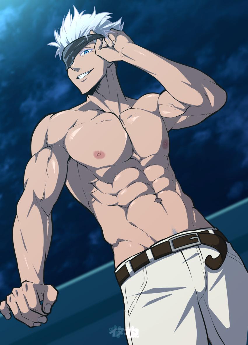 1boy, abs, absurdres, blindfold, blue_eyes, gojou_satoru, hand_up, highres, inunekostudio, jujutsu_kaisen, leather_belt, male_focus, navel, nipples, one_eye_covered, pants, pectorals, shirtless, short_hair, solo, spiky_hair, white_hair, white_pants