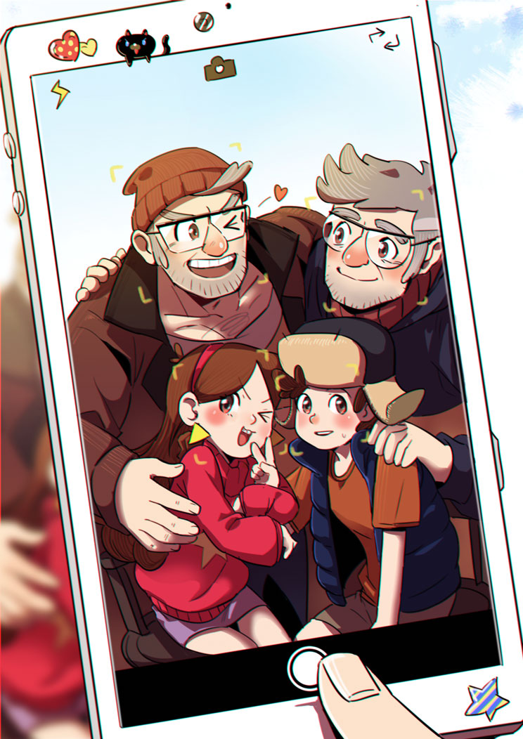 1girl, 3boys, ;d, brown_eyes, brown_hair, cellphone, dipper_pines, facial_hair, glasses, gravity_falls, grey_hair, hairband, hand_on_another's_shoulder, hat, heart, jacket, mabel_pines, multiple_boys, old_man, one_eye_closed, open_mouth, phone, skirt, smartphone, smile, stanford_pines, stanley_pines, stubble, sweater, turtleneck, turtleneck_sweater, vest, yway1101