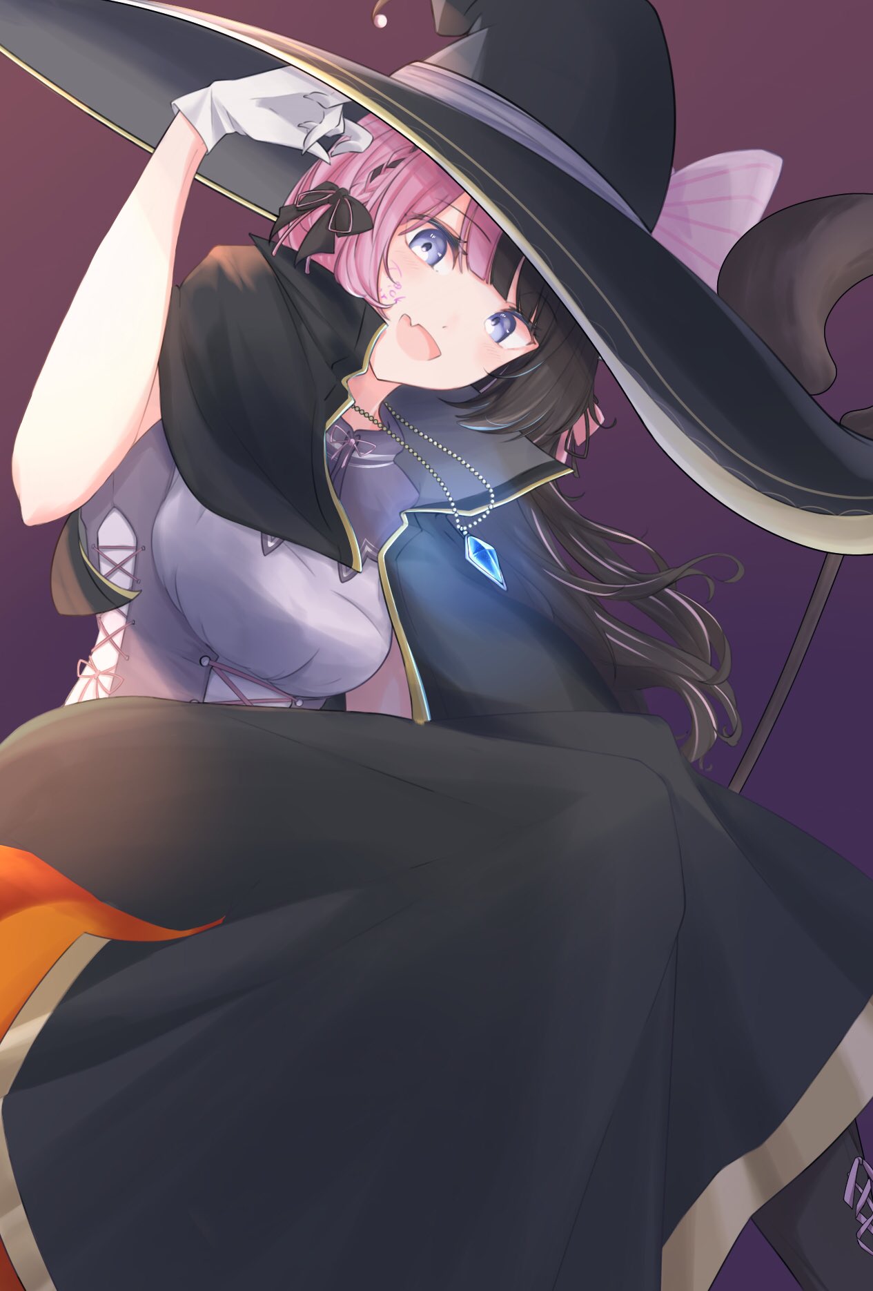 1girl, adjusting_clothes, adjusting_headwear, alternate_costume, bangs, black_cloak, black_hair, blue_eyes, blunt_bangs, boots, bow, breasts, brooch, capelet, cloak, cross-laced_footwear, cross-laced_vest, fang, gem, gloves, halloween, hat, hat_bow, highres, holding, holding_staff, iris_black_games, jewelry, long_hair, long_skirt, medium_breasts, multicolored_hair, necklace, pendant, pink_hair, purple_background, side_slit, skirt, solo, staff, tachibana_hinano, two-tone_hair, very_long_hair, vest, virtual_youtuber, wataron, white_gloves, witch, witch_hat