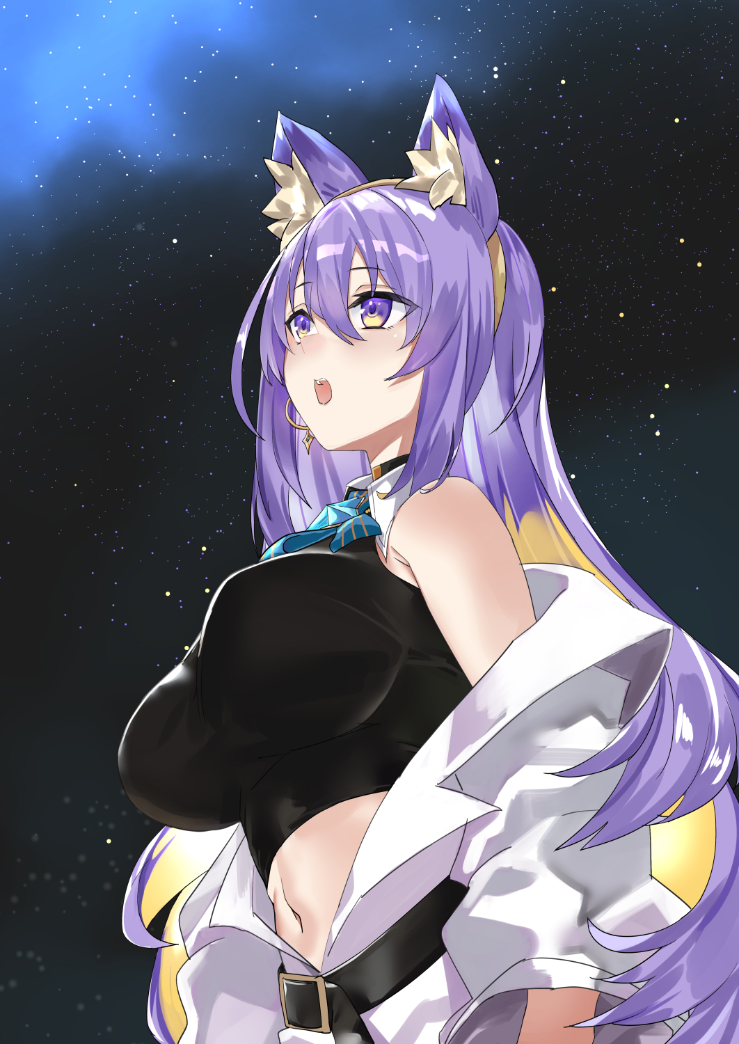 1girl, animal_ear_fluff, animal_ears, belt, black_belt, black_choker, blonde_hair, blue_bow