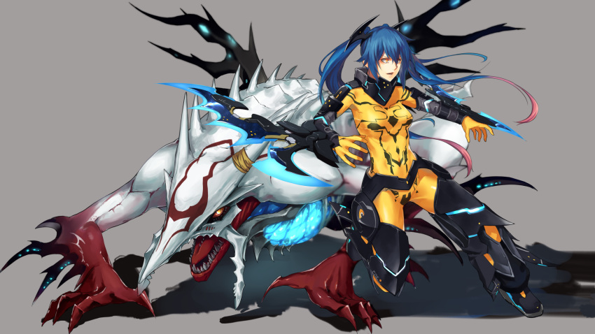 1girl, arm_blade, bandages, blade, blue_hair, bodysuit, claws, glowing