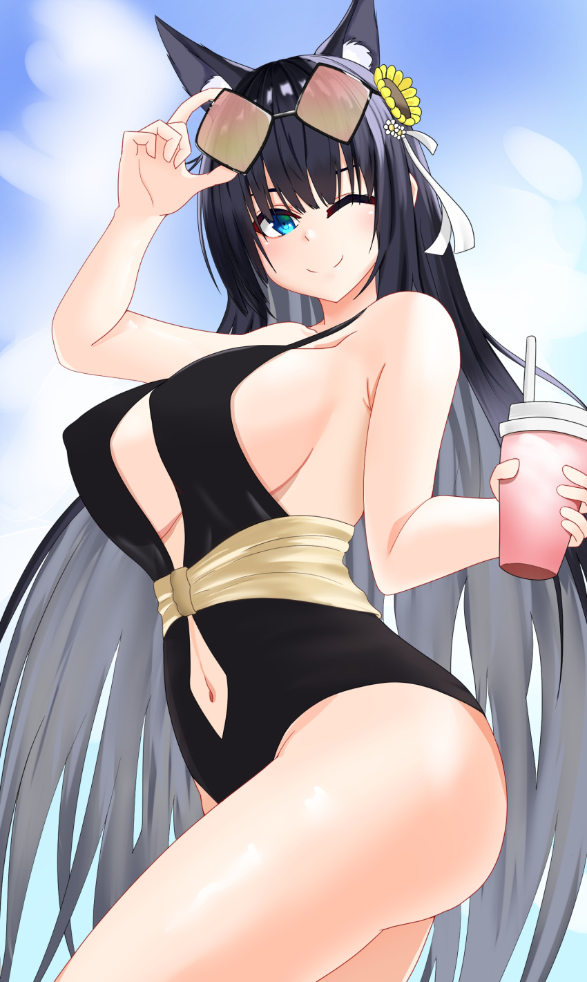 1girl, absurdres, animal_ears, azur_lane, backless_swimsuit, black_swimsuit, blue_eyes, blue_sky