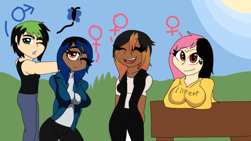 1boy, 3girls, anasia123, billie_eilish, black_hair, genderswap, genderswap_(ftm), genderswap_(mtf), grass, highres, jacket, juice_wrld, lil, multiple_girls, peep, xxxtentacion, yellow_jacket
