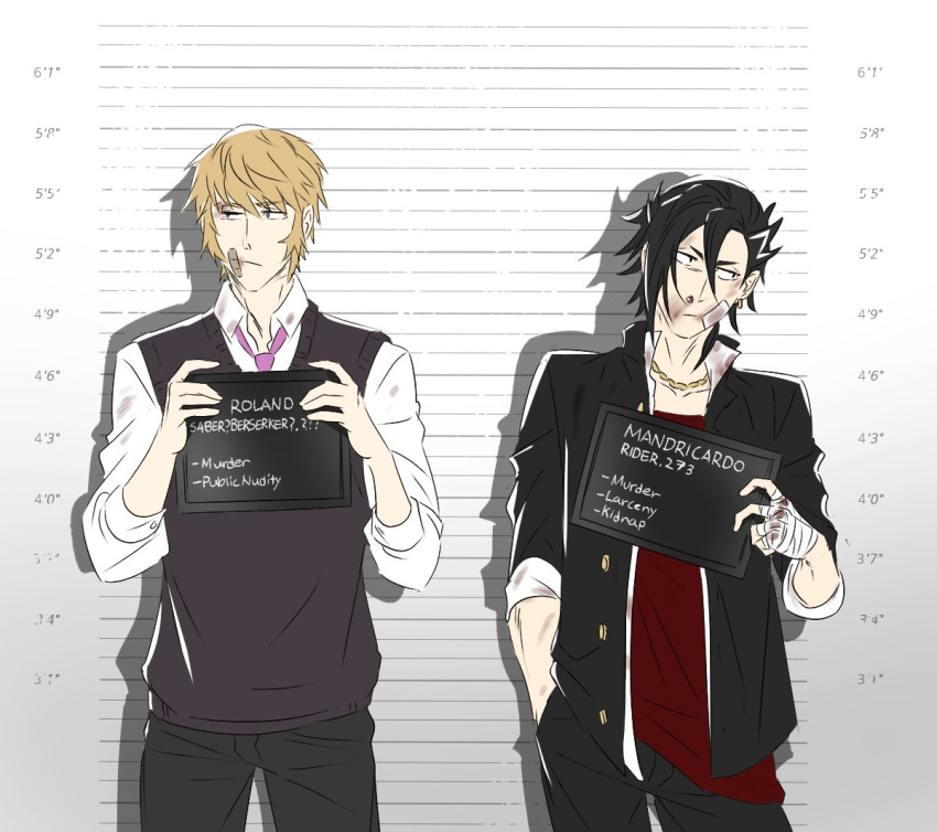 2boys, after_battle, bandaged_hand, bandaid, bandaid_on_face, bcbcmmmmm, black_hair, blonde_hair, blood, character_name, contemporary, earrings, english_text, fate/grand_order, fate_(series), gakuran, hand_in_pocket, jewelry, male_focus, mandricardo_(fate/grand_order), mugshot, multiple_boys, necktie, roland_(fate/grand_order), school_uniform, sidelocks