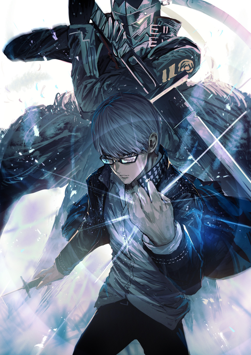2boys, absurdres, bangs, black-framed_eyewear, black_coat, black_jacket, black_pants, blue_eyes