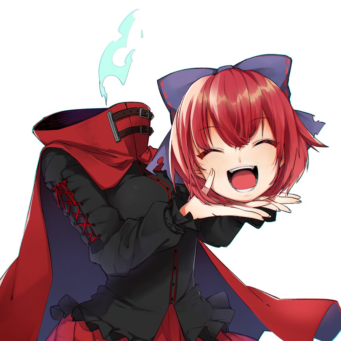 1girl, ^_^, bangs, belt, black_shirt, blue_bow, blush, bow