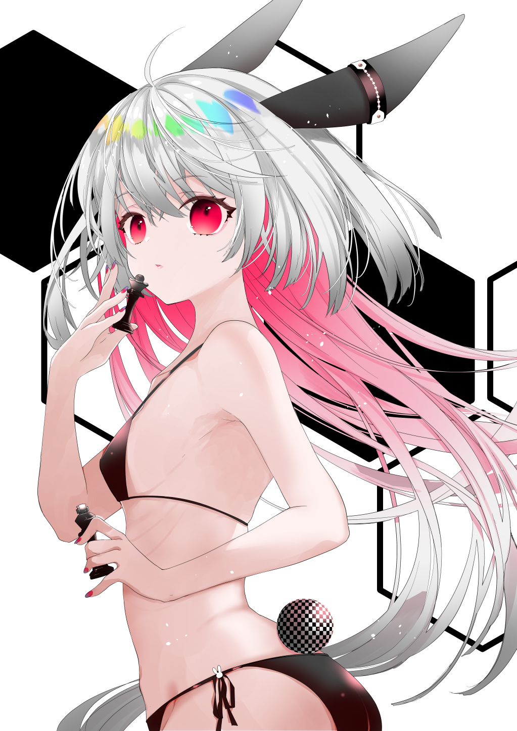 1girl, animal_ears, ass, bangs, bare_arms, bare_shoulders, bikini, black_bikini