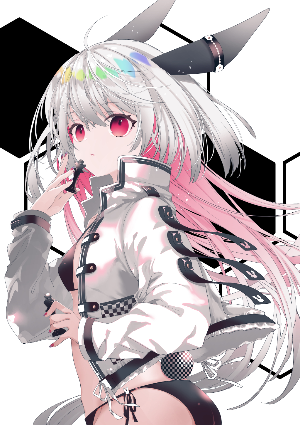 1girl, animal_ears, ass, bangs, bikini, bikini_under_clothes, black_bikini, breasts