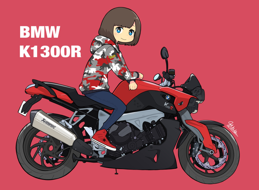1girl, absurdres, blue_eyes, bob_cut, brown_hair, camouflage_jacket, denim, from_side