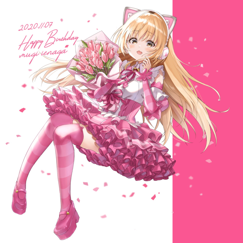 1girl, alternate_costume, blonde_hair, bouquet, bustier, cat_ear_headphones, character_name, chestnut_mouth