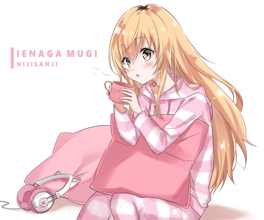 1girl, blonde_hair, blowing, cat_ear_headphones, character_name, copyright_name, cowboy_shot, cup