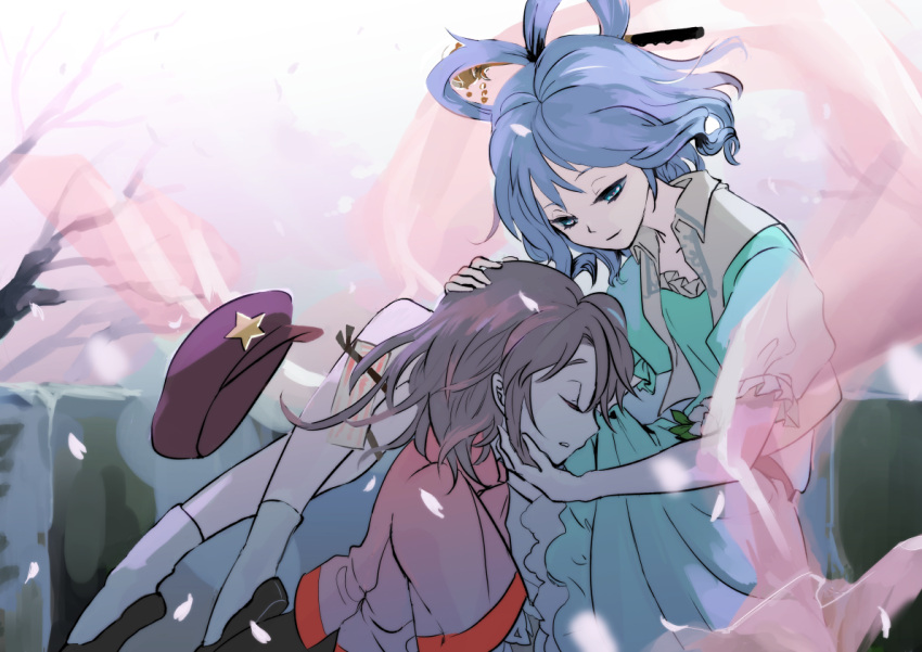 2girls, aqua_dress, black_ribbon, black_skirt, blocsewtore, blue_eyes, blue_hair, blurry