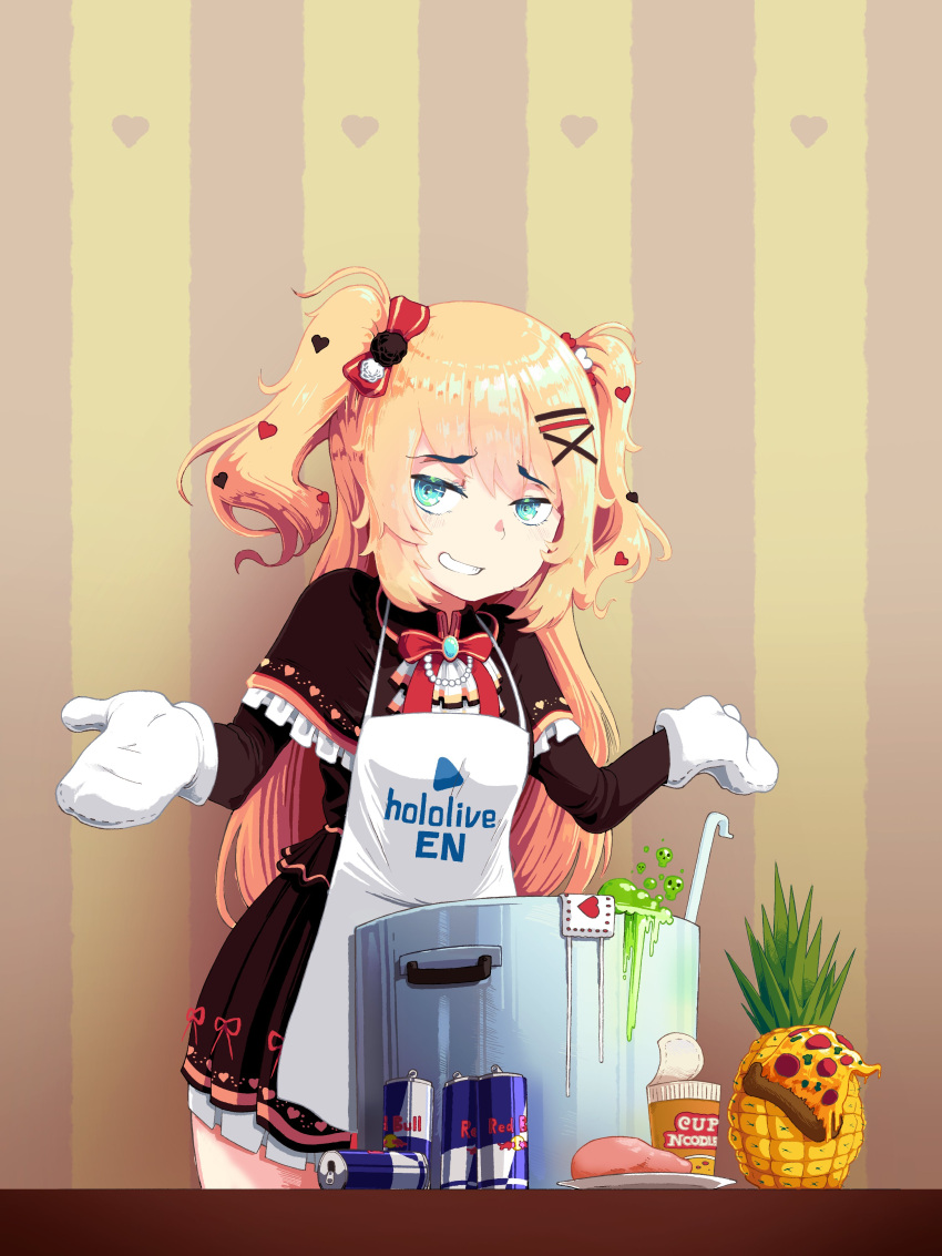 1girl, absurdres, akai_haato, apron, aqua_hair, bangs, blonde_hair, bow, bowtie, can, commentary, cooking, cup_noodle, eyebrows_visible_through_hair, hair_bow, hair_ornament, hairclip, heart, heart_hair_ornament, highres, hololive, indoors, ladle, long_hair, looking_at_viewer, pine_tree, pizza_slice, pot, raw_meat, red_bow, red_bull, red_neckwear, rei_magnifico, shrugging, solo, tree, two_side_up, virtual_youtuber, w_arms, white_apron