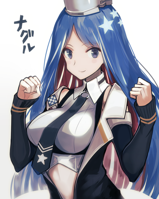 1girl, black_neckwear, blue_eyes, blue_hair, breasts, clenched_hands, detached_sleeves, eyebrows_visible_through_hair, headgear, kantai_collection, large_breasts, long_hair, midriff, mugishima_(mugishim4), multicolored_hair, necktie, redhead, simple_background, smile, solo, south_dakota_(kantai_collection), star_(symbol), upper_body, white_background, white_hair