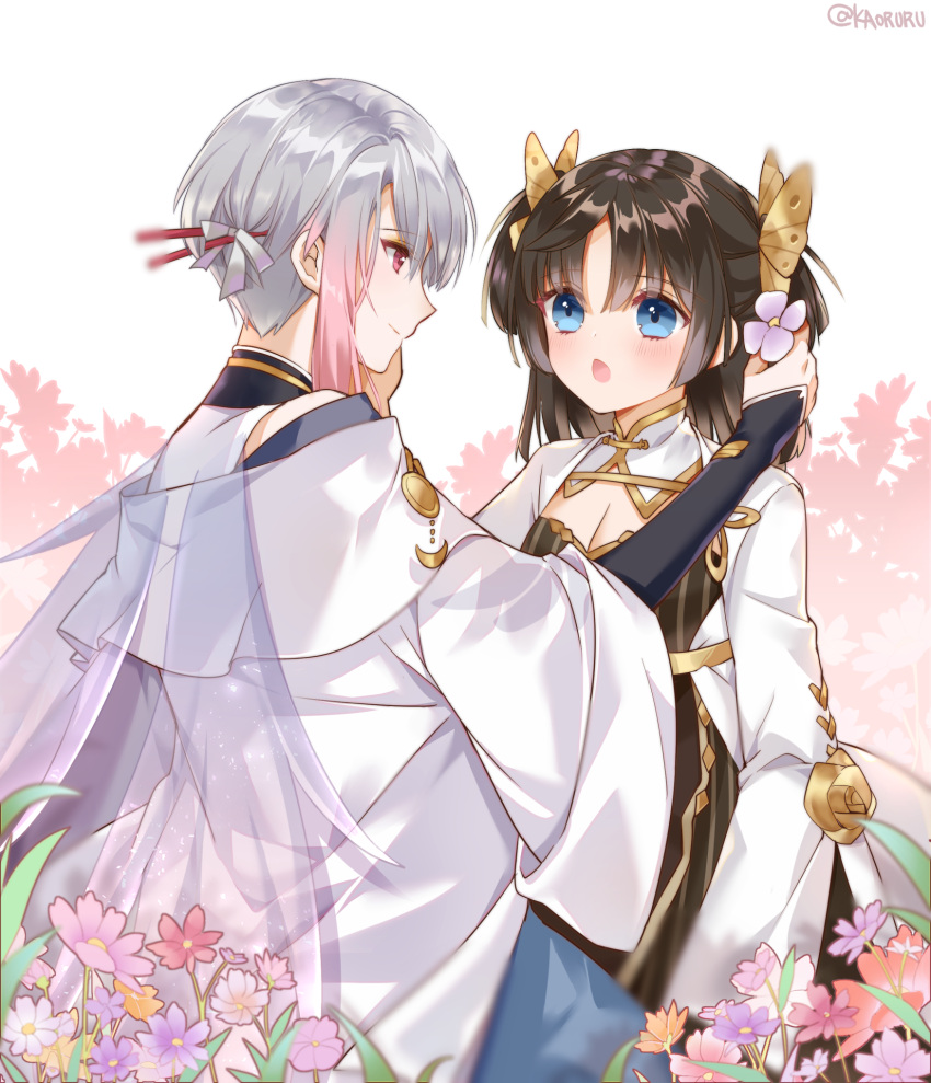 1boy, 1girl, :o, atobesakunolove, bangs, black_hair, blue_eyes, blush, butterfly_hair_ornament, day, flower, gradient_hair, hair_ornament, highres, long_sleeves, multicolored_hair, outdoors, parted_bangs, pink_hair, red_eyes, shoku_monogatari, silver_hair, standing, wide_sleeves