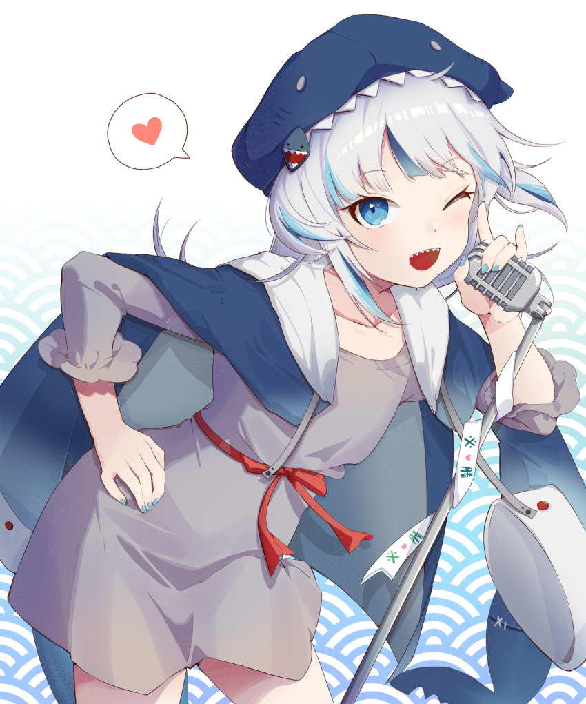 1girl, absurdres, adapted_costume, bag, bloop_(gawr_gura), blue_cloak, blue_eyes, blue_nails, cloak, collarbone, cowboy_shot, drawstring, dress, fingernails, fish_tail, flaya9247, gawr_gura, gradient, gradient_background, grey_dress, grey_hair, hair_ornament, hand_on_hip, handbag, heart, highres, holding, holding_microphone, hololive, hololive_english, microphone, microphone_stand, nail_polish, one_eye_closed, open_mouth, seigaiha, shark_hair_ornament, shark_tail, sharp_teeth, solo, spoken_heart, tail, teeth, thighs, tsurime, two_side_up, vintage_microphone, virtual_youtuber