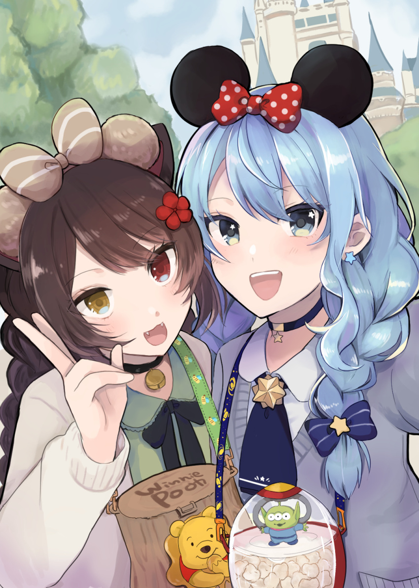 2girls, alien_(toy_story), alternate_costume, alternate_eye_color, alternate_hairstyle, animal_ears, bell, bell_choker