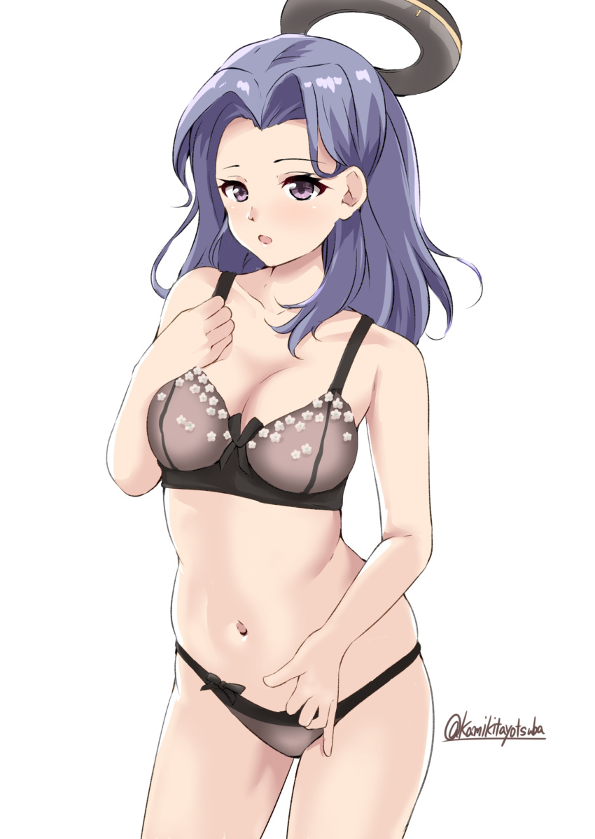 1girl, black_bra, black_panties, bra, commentary_request, cowboy_shot, forehead, hair_intakes