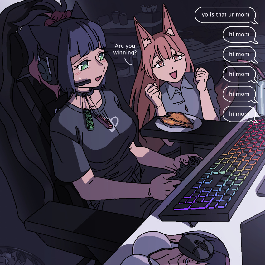 2girls, animal_ear_fluff, animal_ears, arknights, blaze_(arknights), blue_hair, breast_mousepad, brown_eyes
