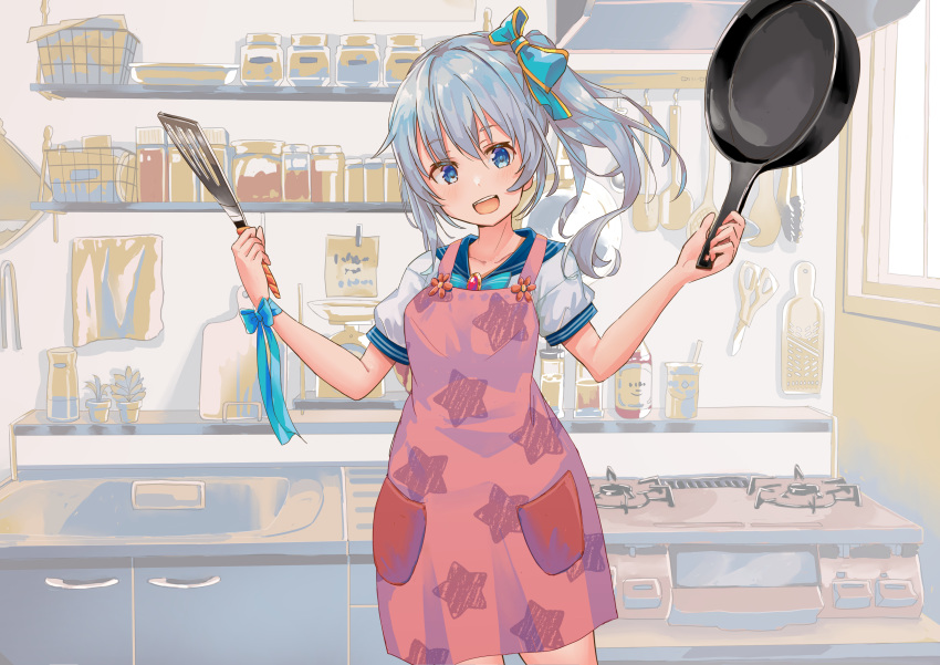1girl, :d, absurdres, apron, bangs, blue_eyes, blue_hair, blue_ribbon