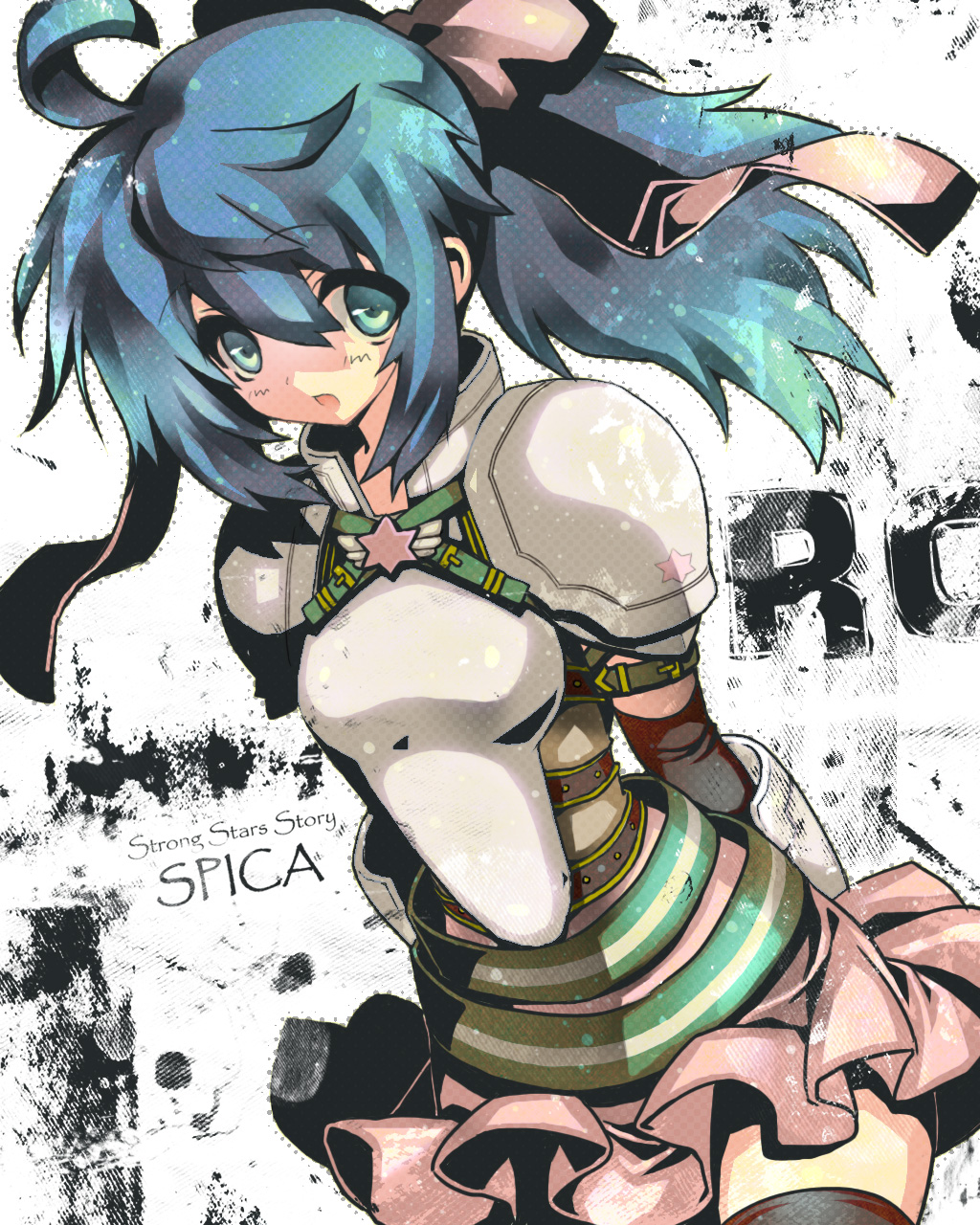 1girl, ahoge, arm_guards, armor, belt, blue_hair, breastplate, green_eyes