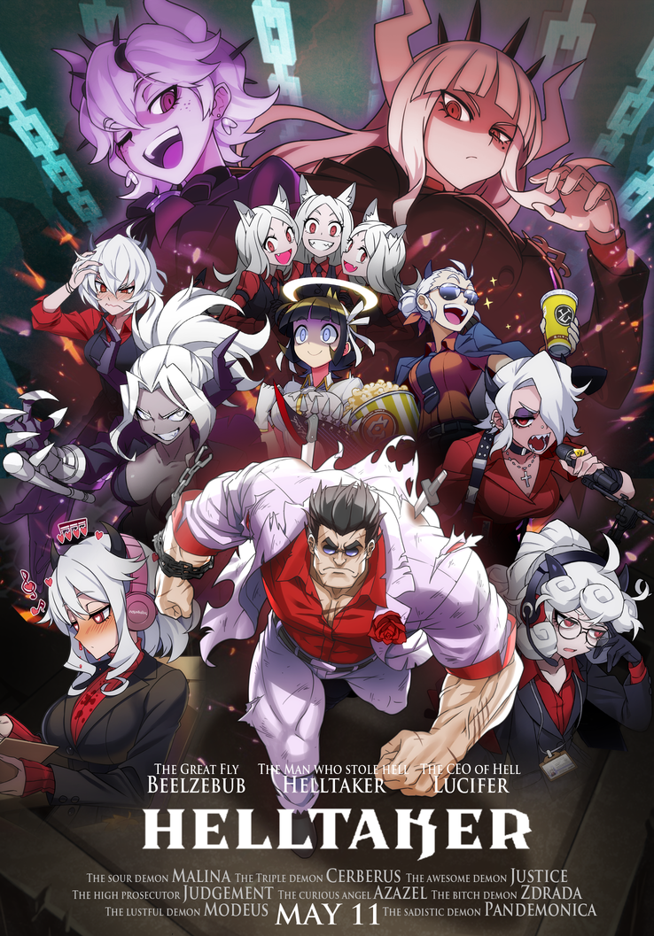 1boy, 6+girls, angel, animal_ears, azazel_(helltaker), bangs, beelzebub_(helltaker), belt