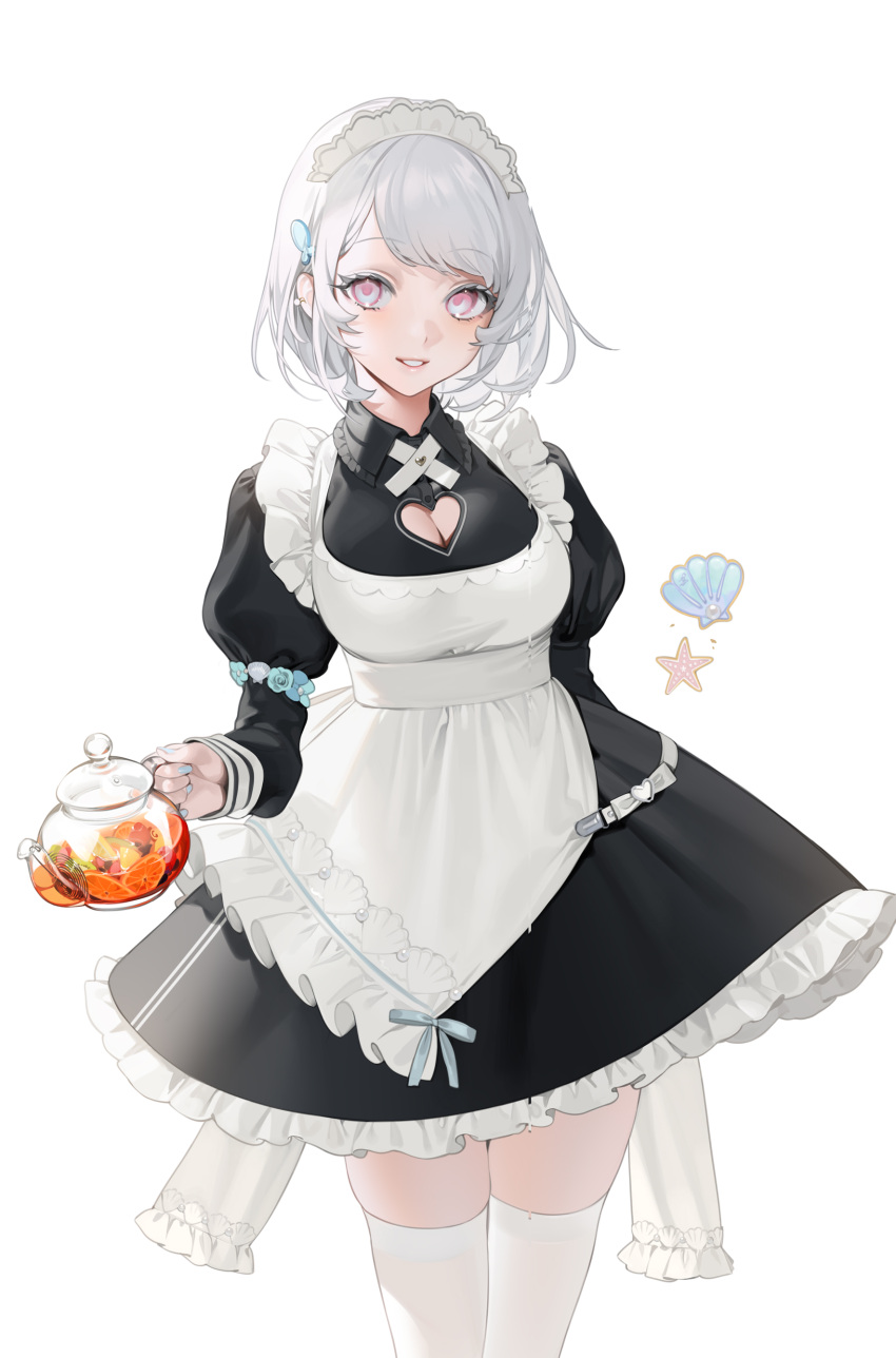 1girl, absurdres, albino, apron, blue_nails, cleavage_cutout, clothing_cutout, dress