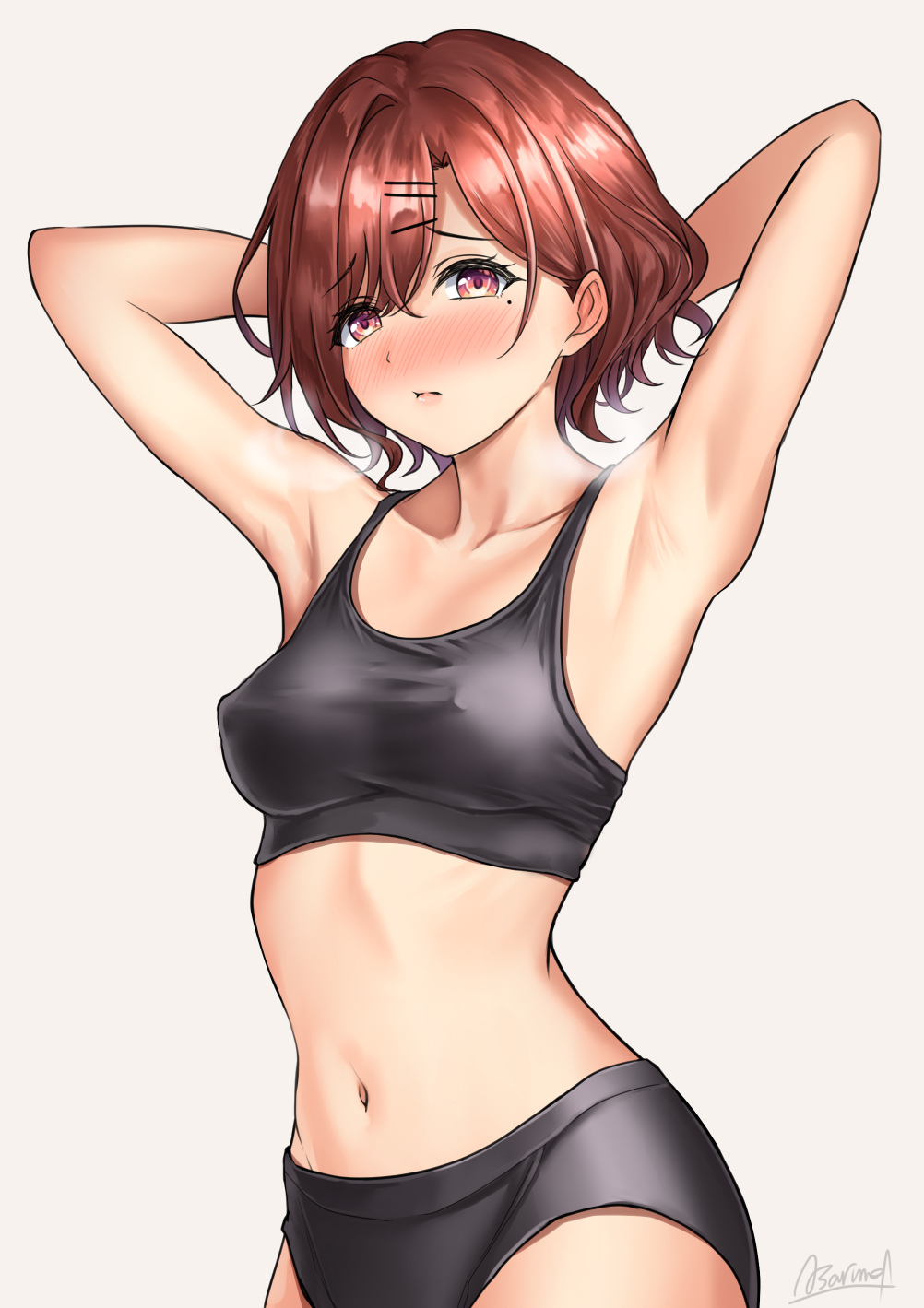 1girl, armpits, arms_behind_head, arms_up, artist_name, bangs, bare_arms, bare_shoulders
