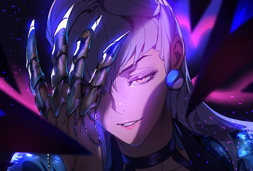 absurdres, claws, cropped_jacket, dark, demon_girl, earrings, evelynn_(league_of_legends), hand_on_own_face