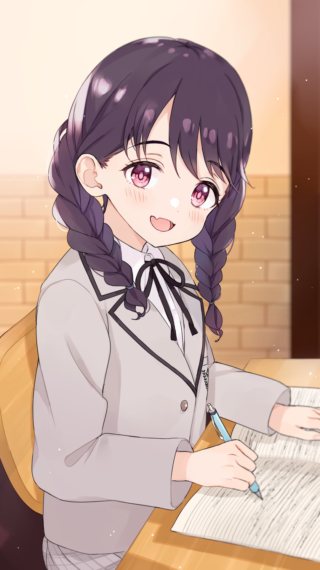 1girl, black_hair, black_neckwear, black_ribbon, blazer, chair, commentary_request, fangs