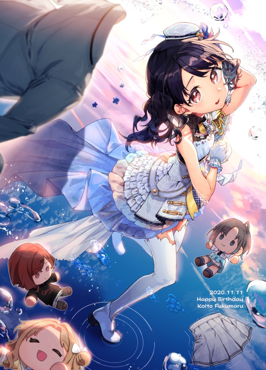 1girl, bare_shoulders, beret, black_hair, character_doll, commentary_request, costume, dress, dutch_angle, fangs, fukumaru_koito, gloves, grey_jacket, grey_skirt, hat, highres, idolmaster, idolmaster_shiny_colors, jacket, jacket_removed, layered_skirt, looking_at_viewer, medium_hair, mini_hat, plaid, plaid_skirt, pleated_skirt, skin_fangs, skirt, skirt_removed, sleeveless, sleeveless_dress, solo, thigh-highs, tkai40, twintails, violet_eyes, white_dress, white_gloves, white_legwear