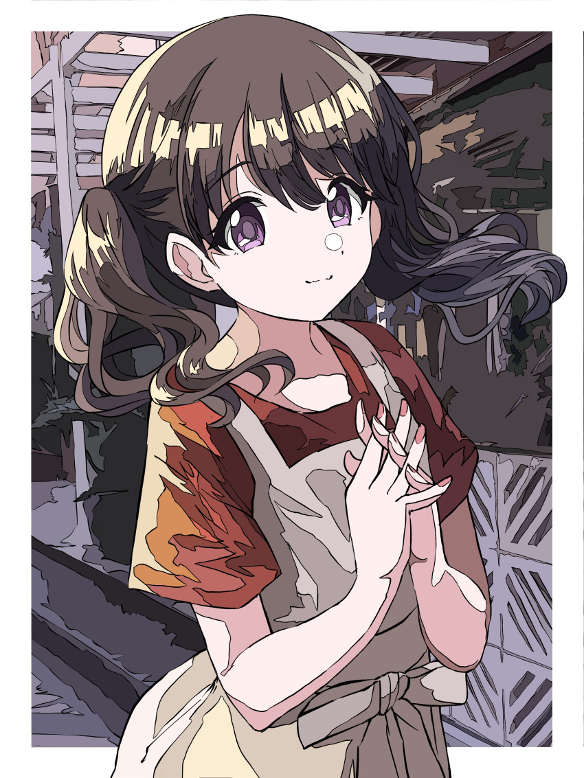 absurdres, bangs, beige_dress, black_hair, commentary_request, fukumaru_koito, hands_clasped, highres