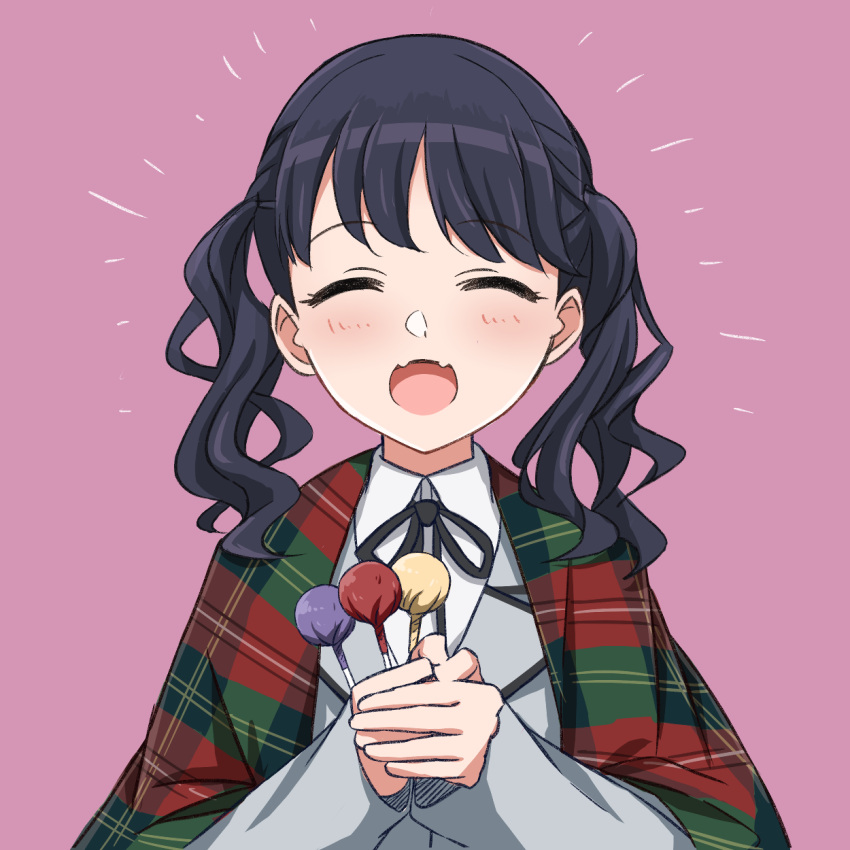 black_hair, black_neckwear, black_ribbon, blazer, candy, closed_eyes, commentary_request, facing_viewer