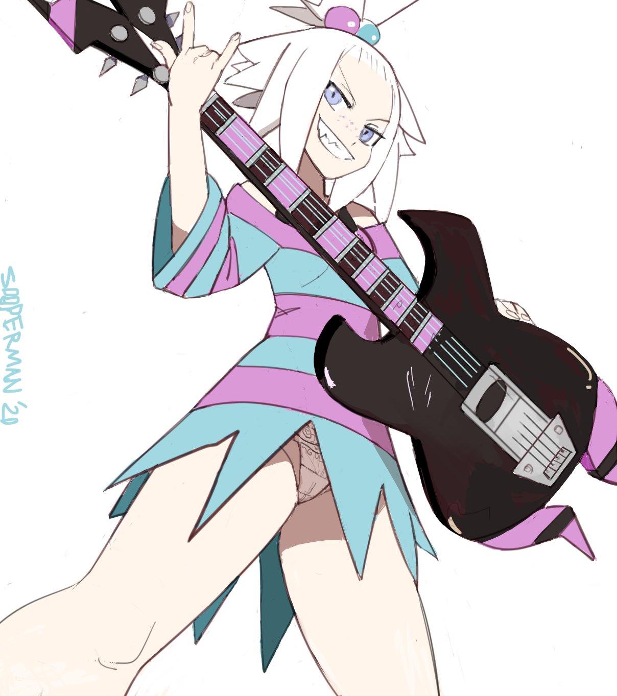 bass_guitar, blue_eyes, commission, dress, forehead, freckles, hair_bobbles, hair_ornament