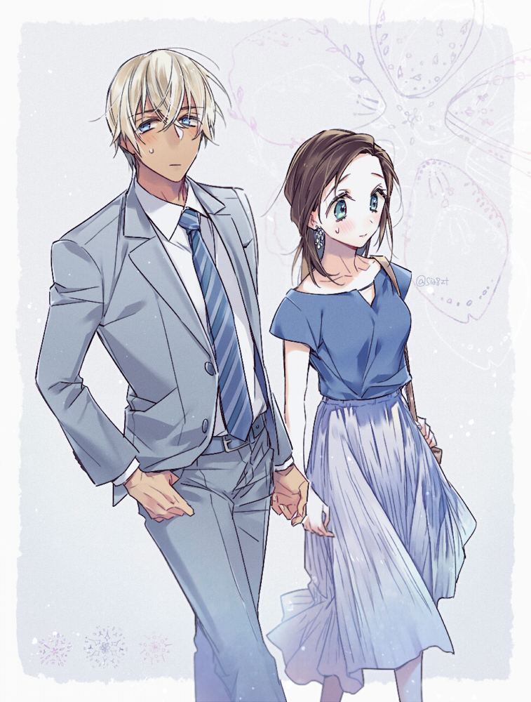 1boy, 1girl, amuro_tooru, aqua_eyes, belt, blonde_hair, blue_eyes, blue_neckwear