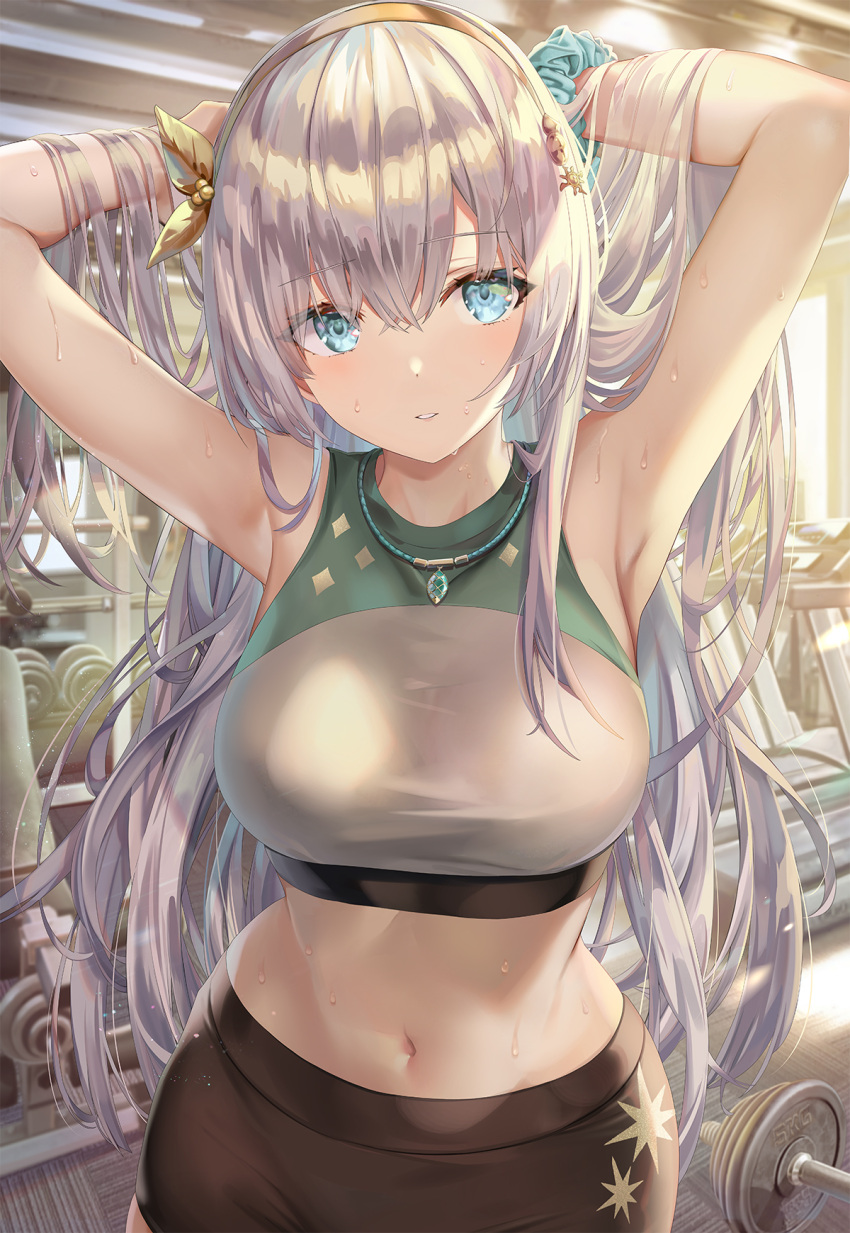 1girl, anastasia_(fate), armpits, arms_behind_head, arms_up, bare_arms, bare_shoulders, bike_shorts