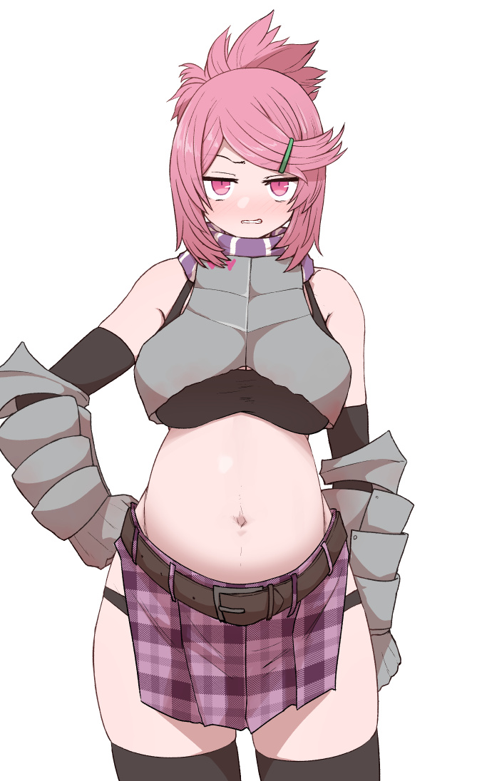 1girl, arm_at_side, bangs, bare_shoulders, black_bra, black_gloves, blush, boobplate