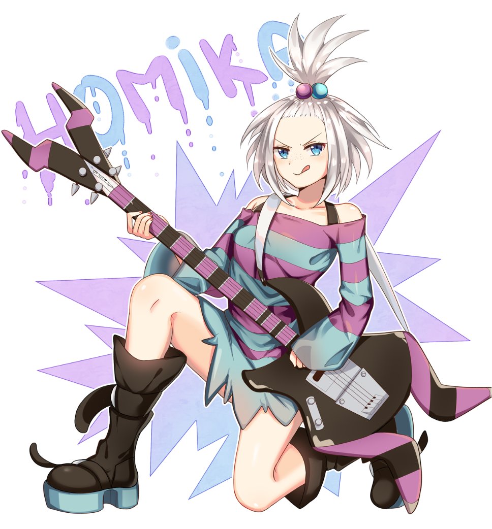 1girl, :p, bass_guitar, blue_eyes, boots, bra_strap, breasts, commission, dress, forehead, freckles, hair_bobbles, hair_ornament, instrument, looking_at_viewer, pokemon, pokemon_(game), pokemon_bw2, roxie_(pokemon), small_breasts, snowsakura_art, snowsakurachan, solo, strapless, strapless_dress, striped, striped_dress, tongue, tongue_out, topknot