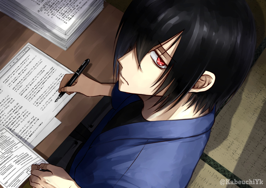 1boy, bangs, black_hair, black_shirt, blue_jacket, closed_mouth, en'en_no_shouboutai, from_above, hair_over_one_eye, holding, holding_pen, jacket, long_sleeves, looking_at_viewer, male_focus, paper, paper_stack, pen, red_eyes, shinmon_benimaru, shirt, sitting, solo, symbol-shaped_pupils, table, tatami, upper_body, yuki_(kabeuchiyk)