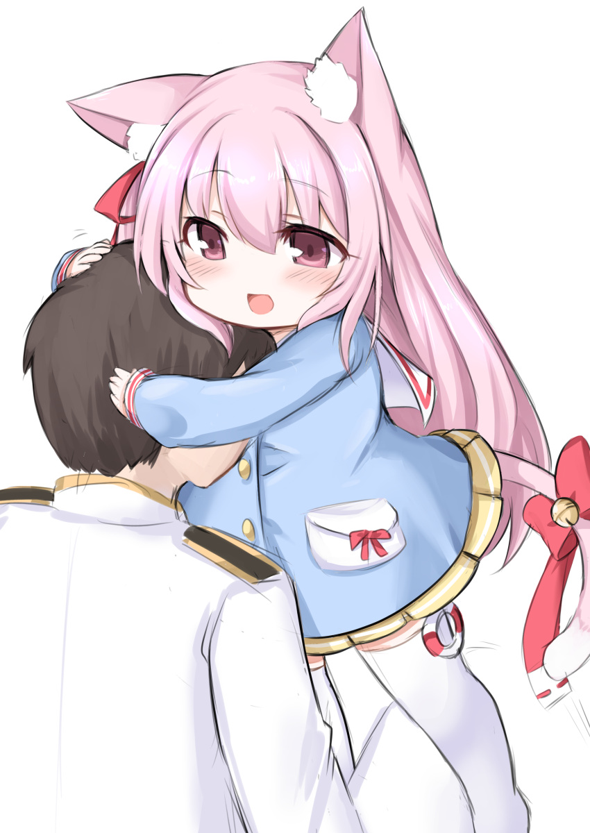 1boy, 1girl, absurdres, animal_ear_fluff, animal_ears, azur_lane, bell, blue_shirt