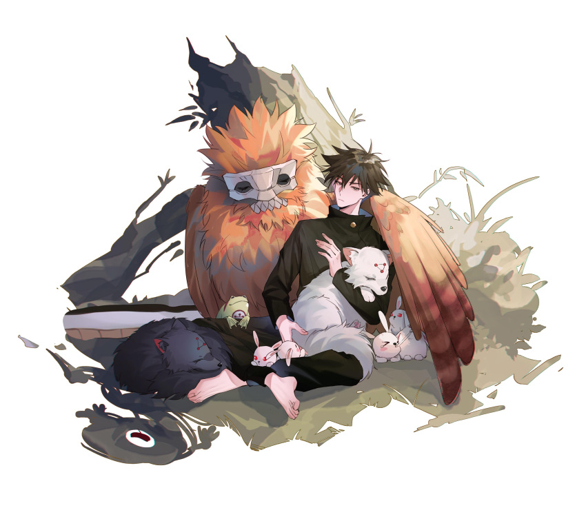 1boy, absurdres, bangs, black_eyes, black_hair, black_jacket, black_pants, closed_eyes