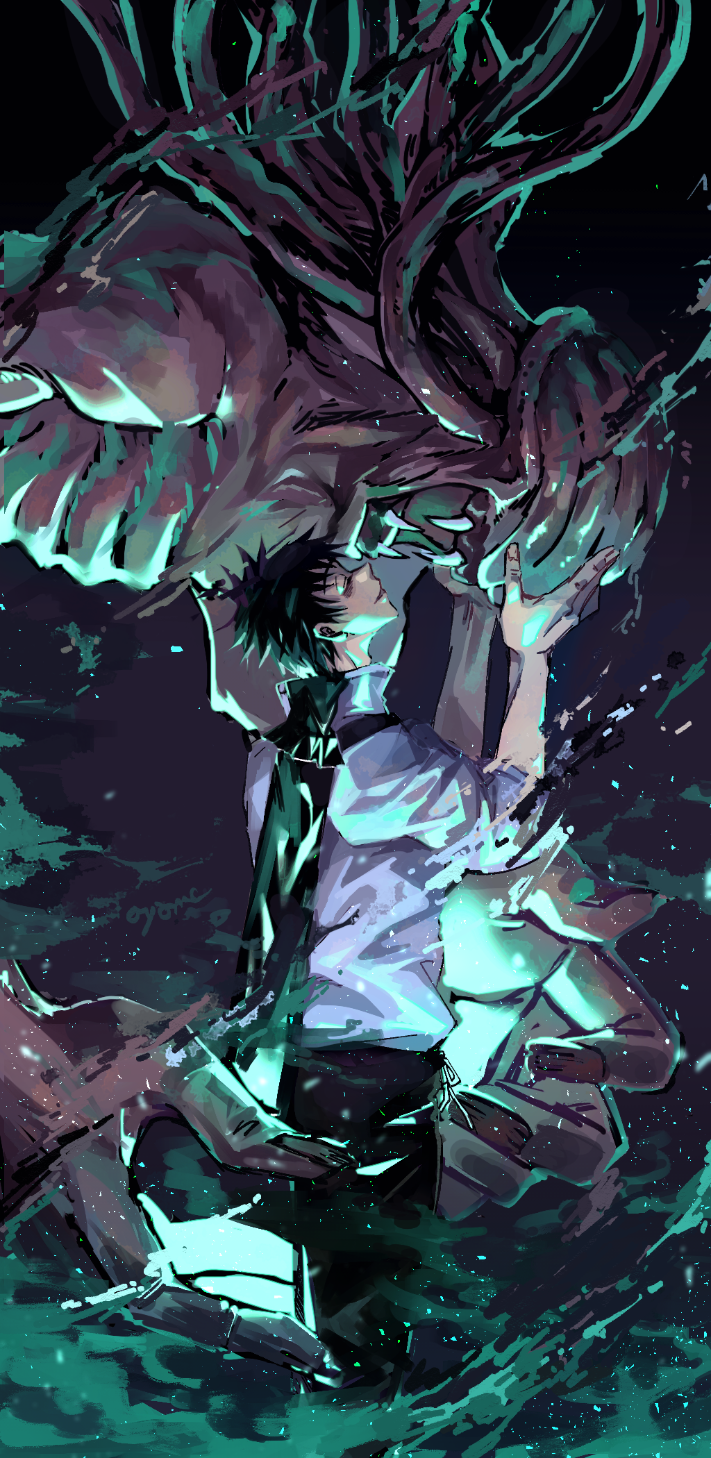 1boy, ayame_(ayame122snow), bags_under_eyes, black_background, black_hair, black_pants, closed_eyes, cowboy_shot, fangs, hands_on_another's_face, hands_up, high_collar, highres, jacket, jujutsu_kaisen, monster, okkotsu_yuuta, open_hands, open_mouth, orimoto_rika, pants, profile, school_uniform, short_hair, short_sleeves, smile, standing, weapon_bag, white_jacket