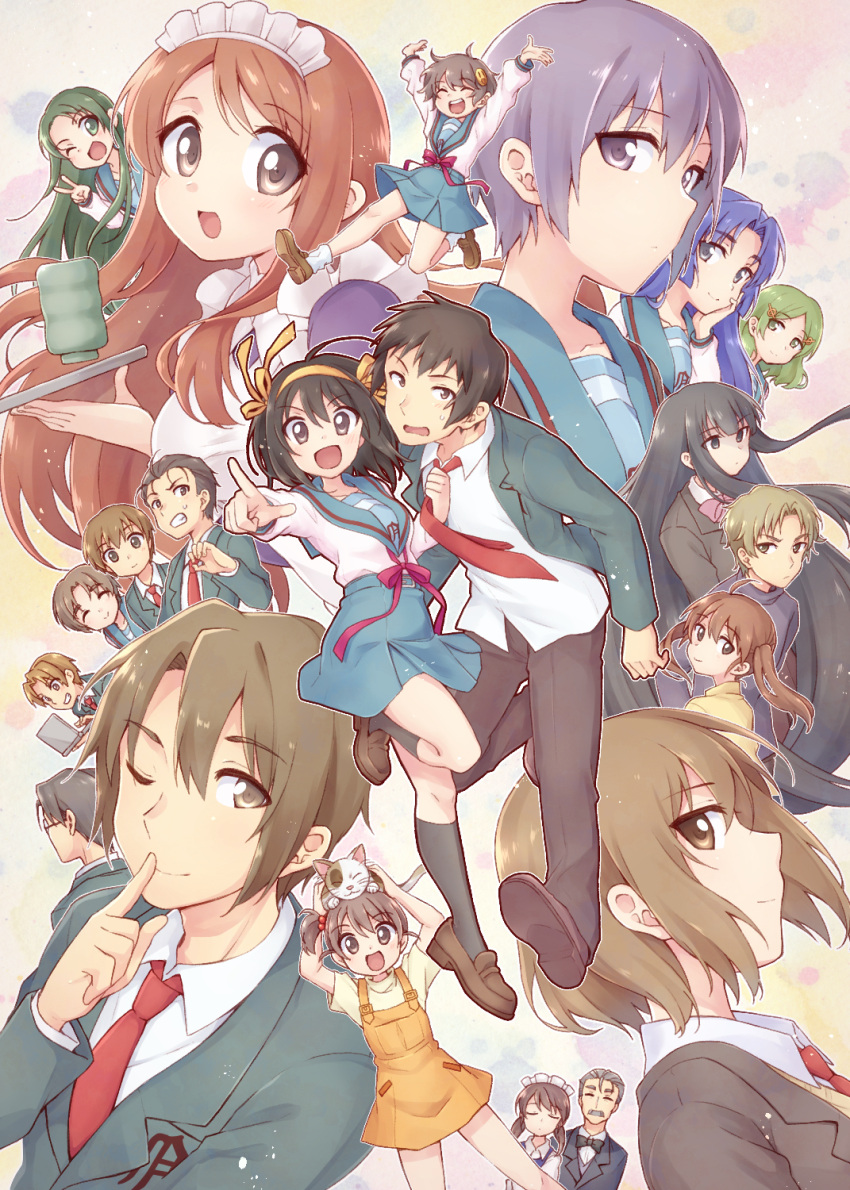 6+boys, 6+girls, arakawa, asahina_mikuru, asakura_ryouko, butler, character_request, check_character, commentary_request, computer_club_president, fujiwara_(suzumiya_haruhi), hairband, highres, kimidori_emiri, kita_high_school_uniform, koizumi_itsuki, kouyouen_academy_uniform, kunikida, kyon, kyon_no_imouto, maid, mori_sonou, multiple_boys, multiple_girls, nagato_yuki, open_mouth, orange_hairband, pleated_skirt, sailor_collar, sakanaka_yoshimi, sasaki_(suzumiya_haruhi), school_uniform, serafuku, shamisen_(suzumiya_haruhi), shirt, skirt, smile, student_council_president, suou_kuyou, suzumiya_haruhi, suzumiya_haruhi_no_yuuutsu, tachibana_kyouko, tagme, taiki_(6240taiki), taniguchi, tsuruya, watahashi_yasumi