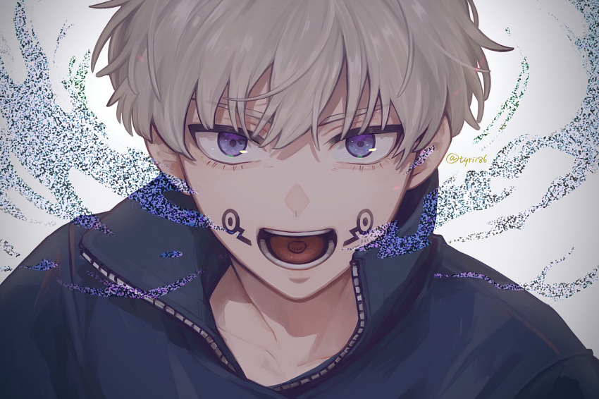 1boy, bangs, black_jacket, blue_eyes, brown_hair, collared_jacket, eyebrows_visible_through_hair, facial_tattoo