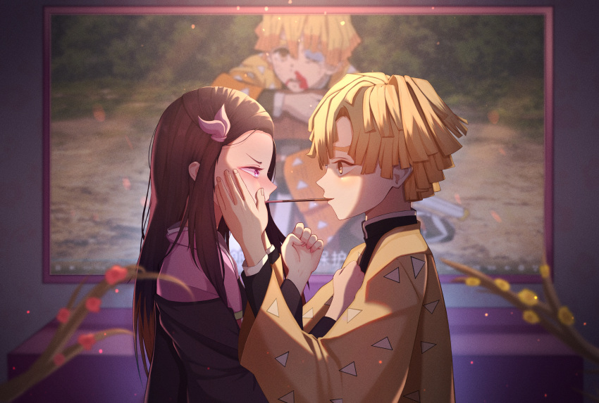 1boy, 1girl, absurdres, agatsuma_zenitsu, black_hair, blonde_hair, blood, blush